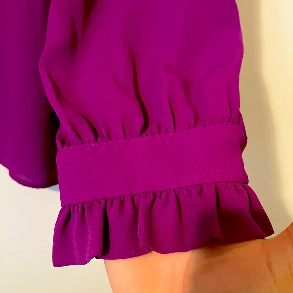 Halogen Ruffled Button-Down Blouse in Magenta - Picture 2 of 5